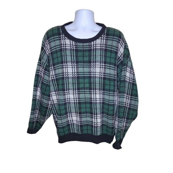 Vintage 80s Bill Blass Plaid Crew Neck Sweater Pullover Mens XL Blue Green - Picture 1 of 6